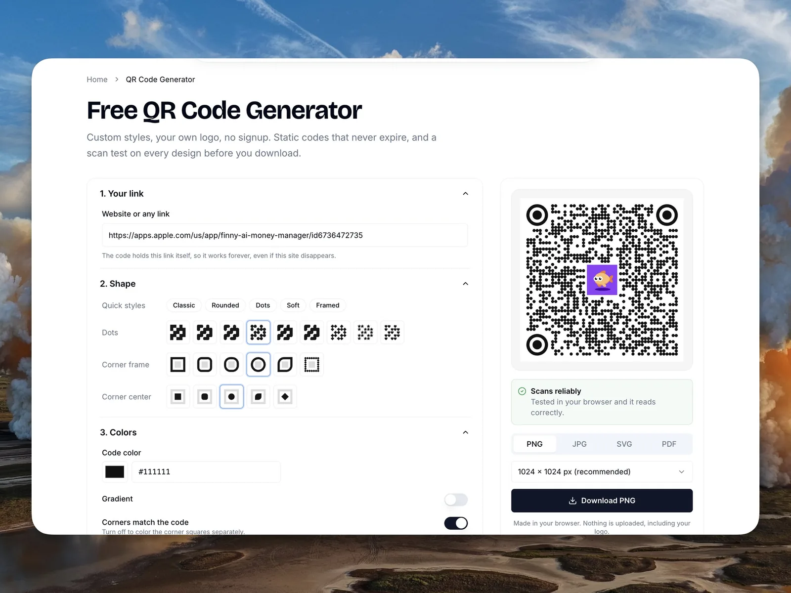 Fix for a QR code that stopped working: a free static QR code generator with custom dots and corners, a live scan test and PNG, JPG, SVG or PDF downloads