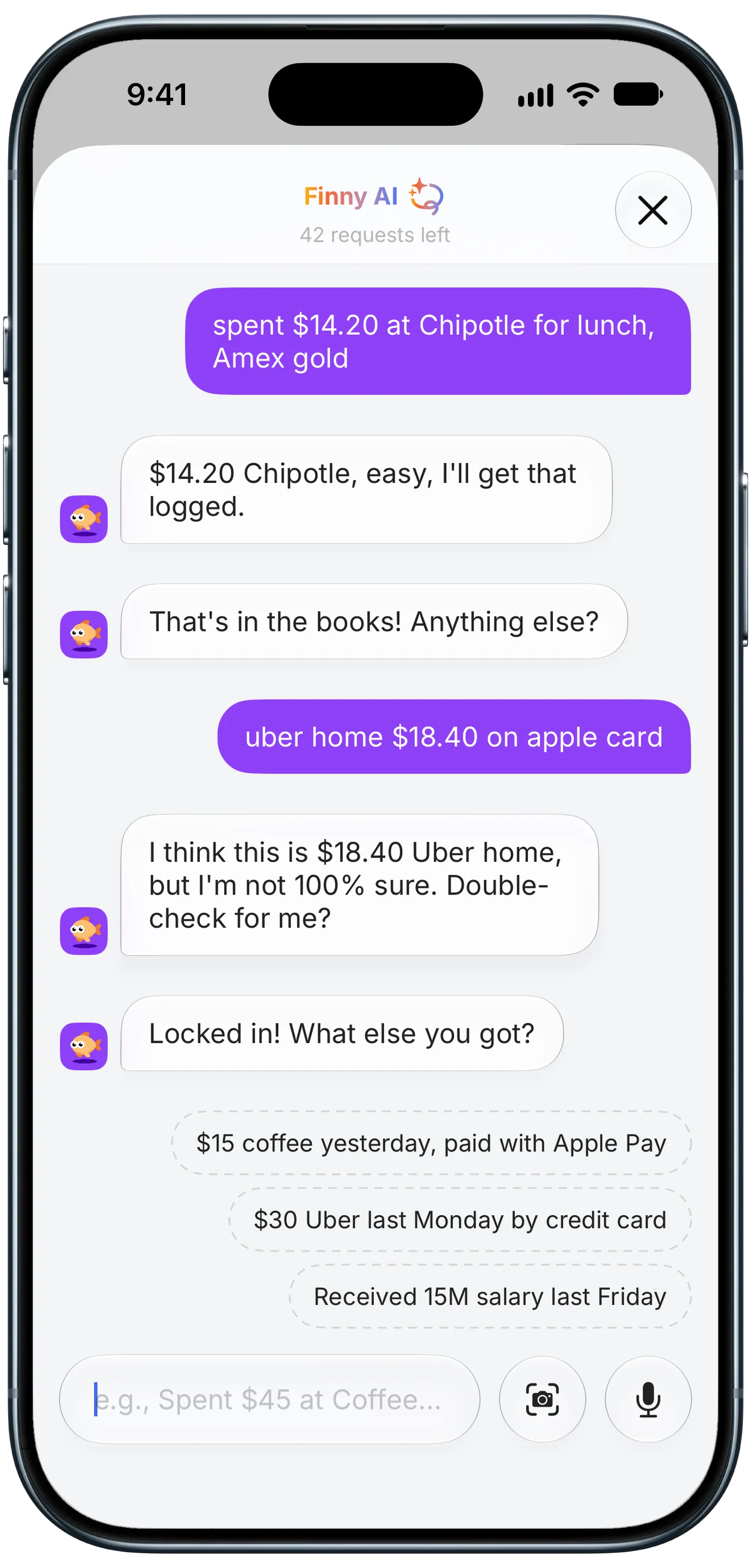 AI chat turning a typed sentence into expenses to show how to log expenses by text