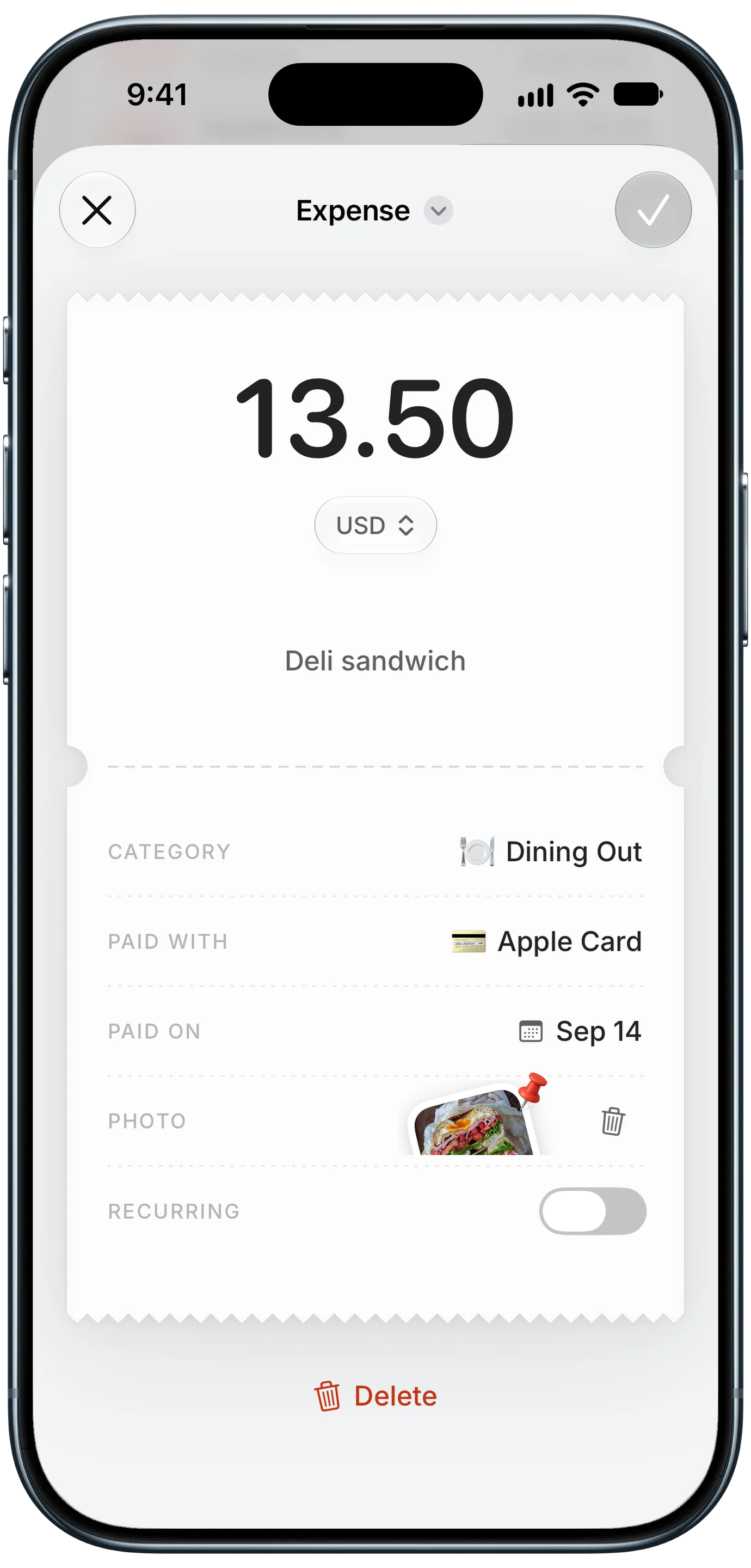 Expense entry with a photo pinned to it, a simple way to keep receipts for returns and warranties