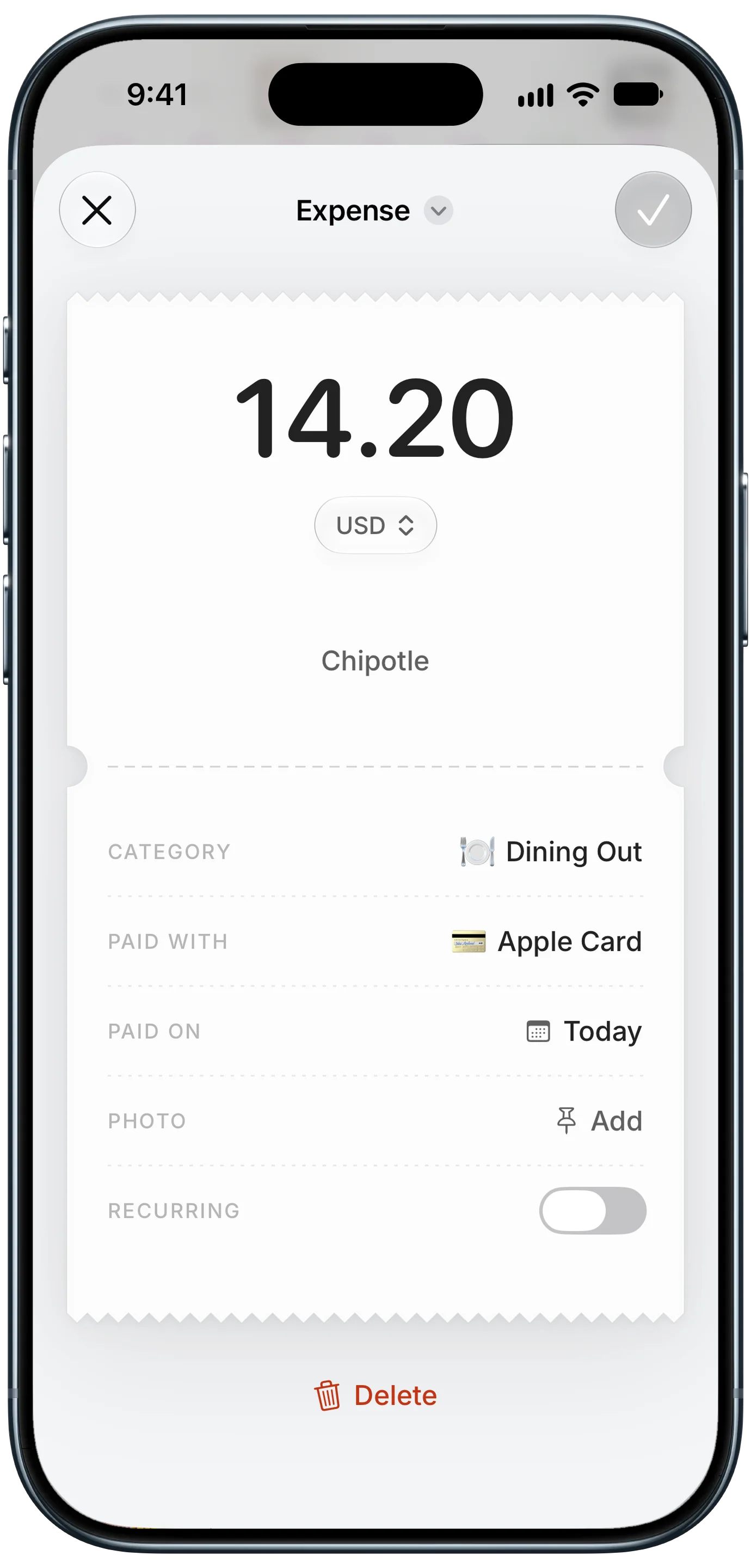 Expense entry showing a Chipotle lunch paid with Apple Card, with category and date