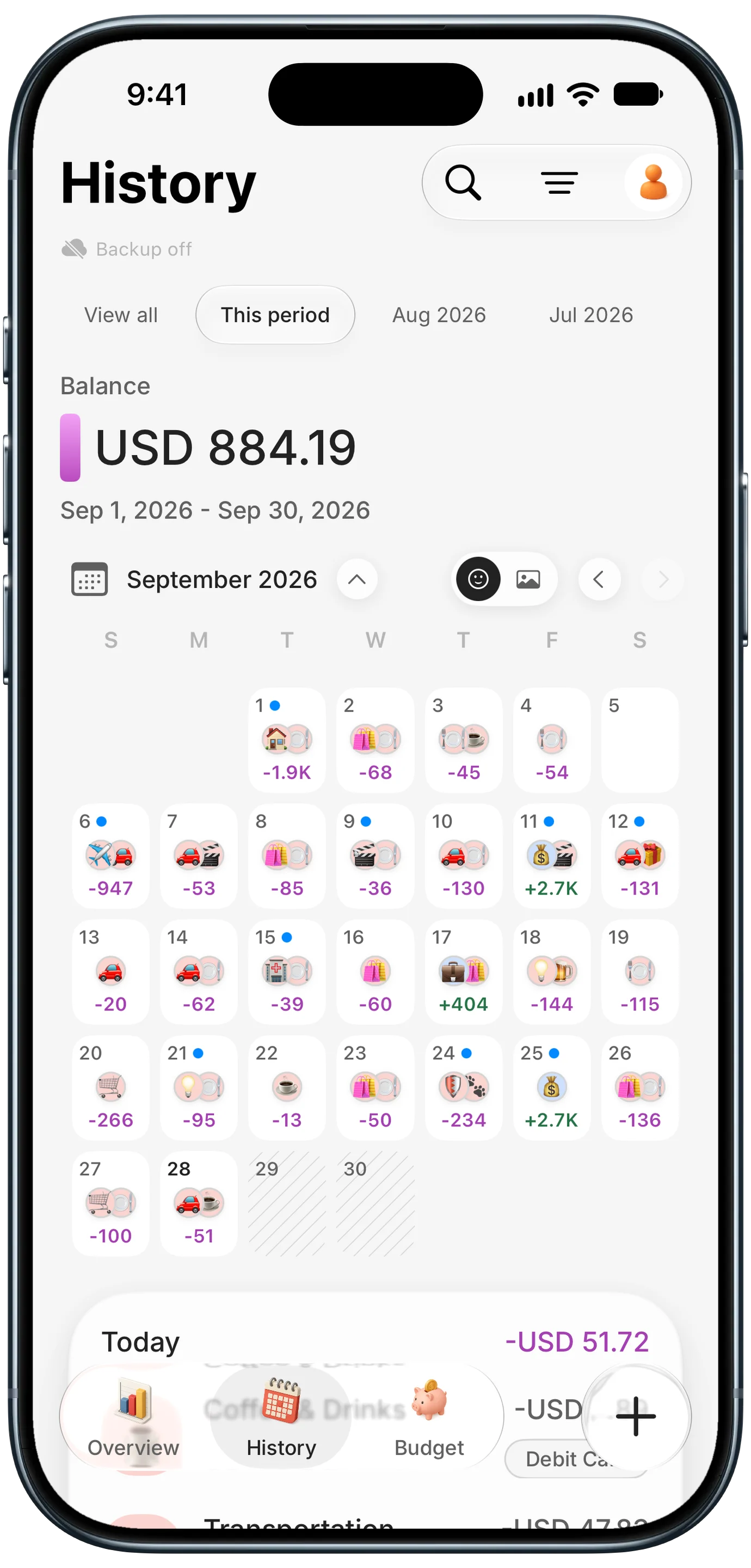 Spending calendar app on iPhone showing each day of September with category icons and daily totals