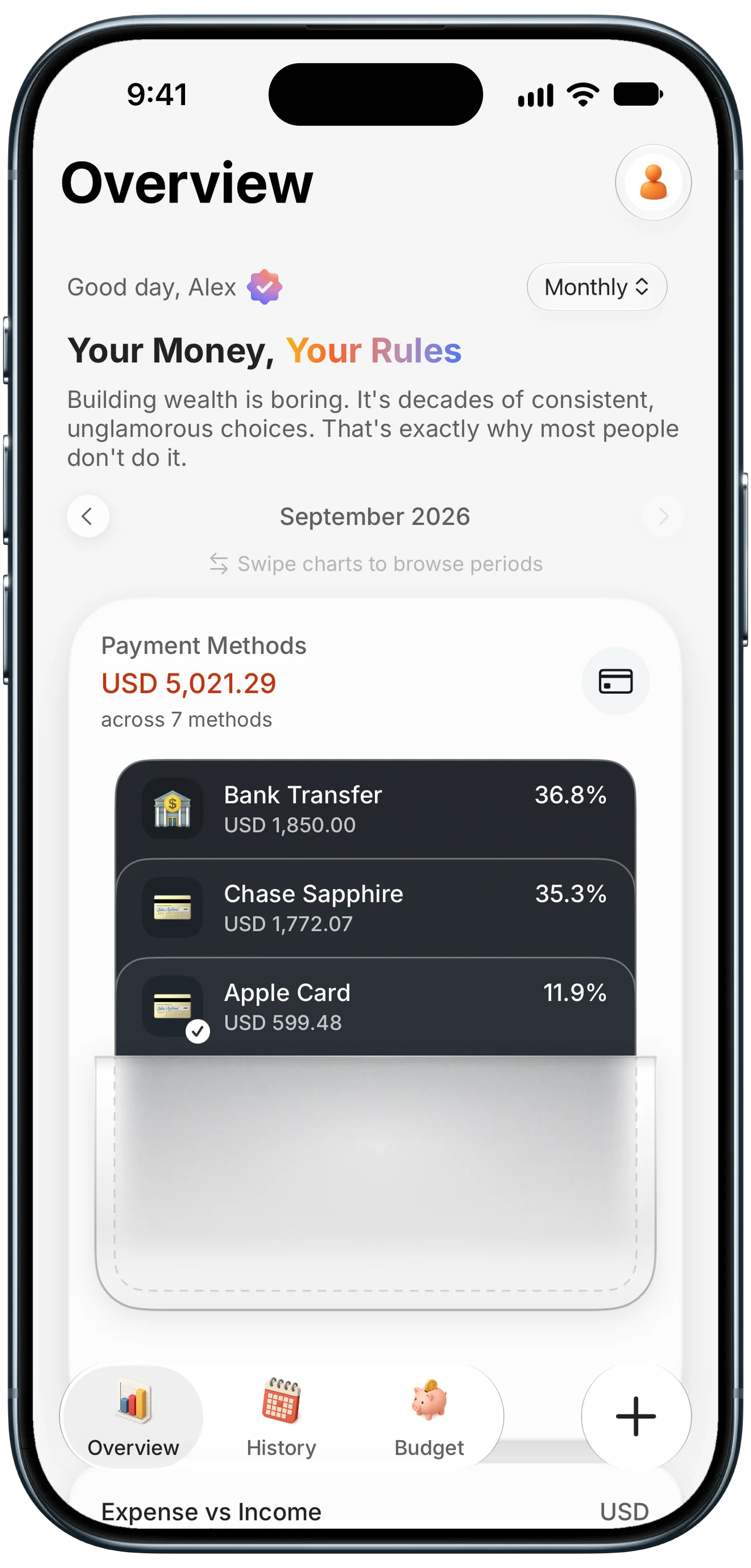 Payment Methods card showing this month's spending split across bank transfer, Chase Sapphire, and Apple Card